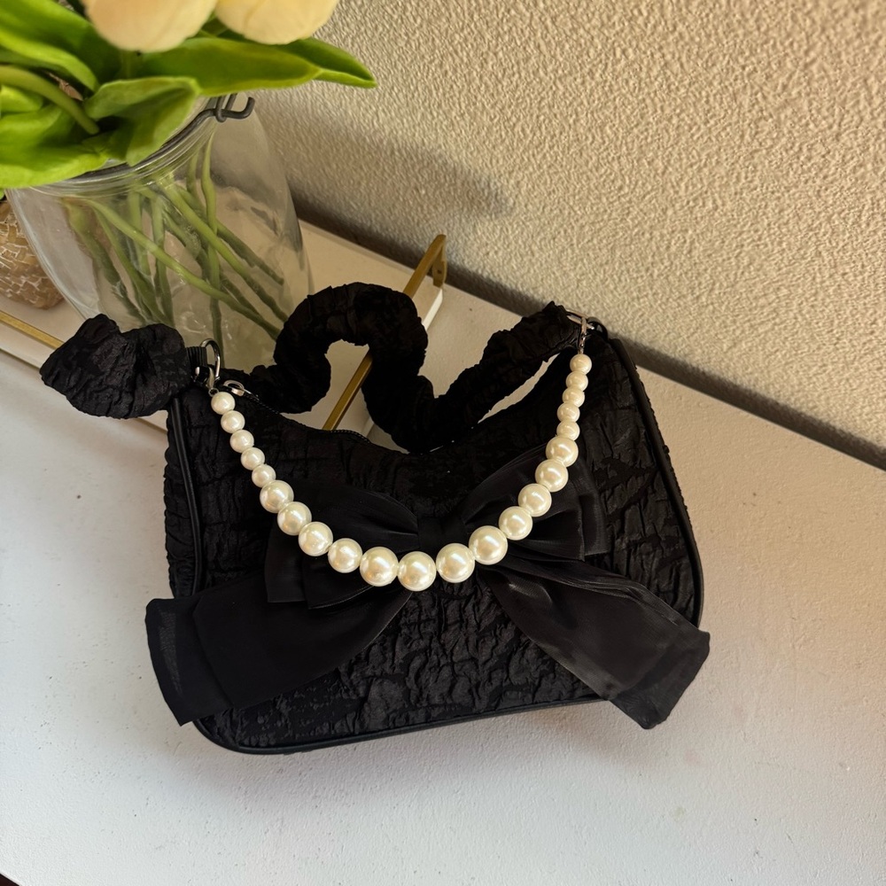Black lace crossbody bag with pearl top handle & ribbon bow | Coquette Style NWT - Picture 9 of 11